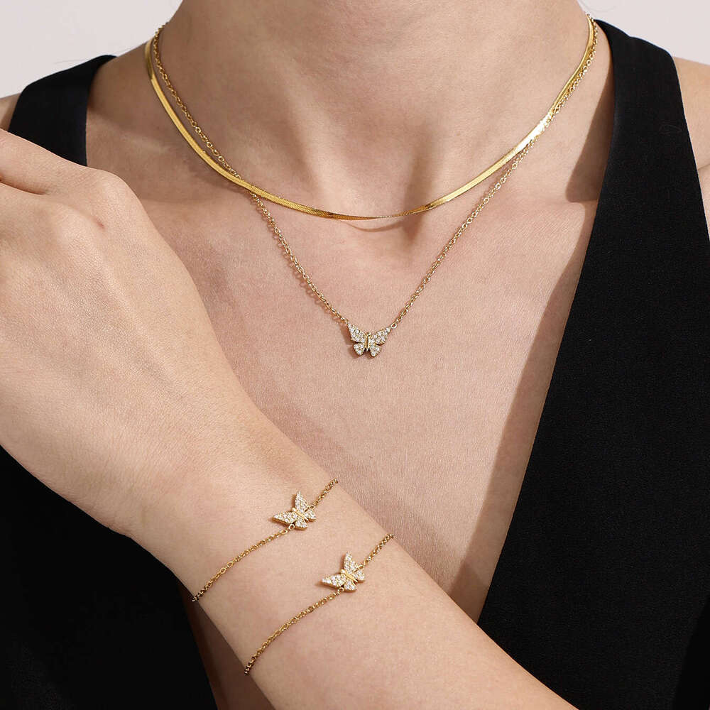 Stainless Steel 5A Zircon Butterfly Necklace Bracelet European and American Fashion Light Luxury 18k Gold Plated Versatile Jewelry Set