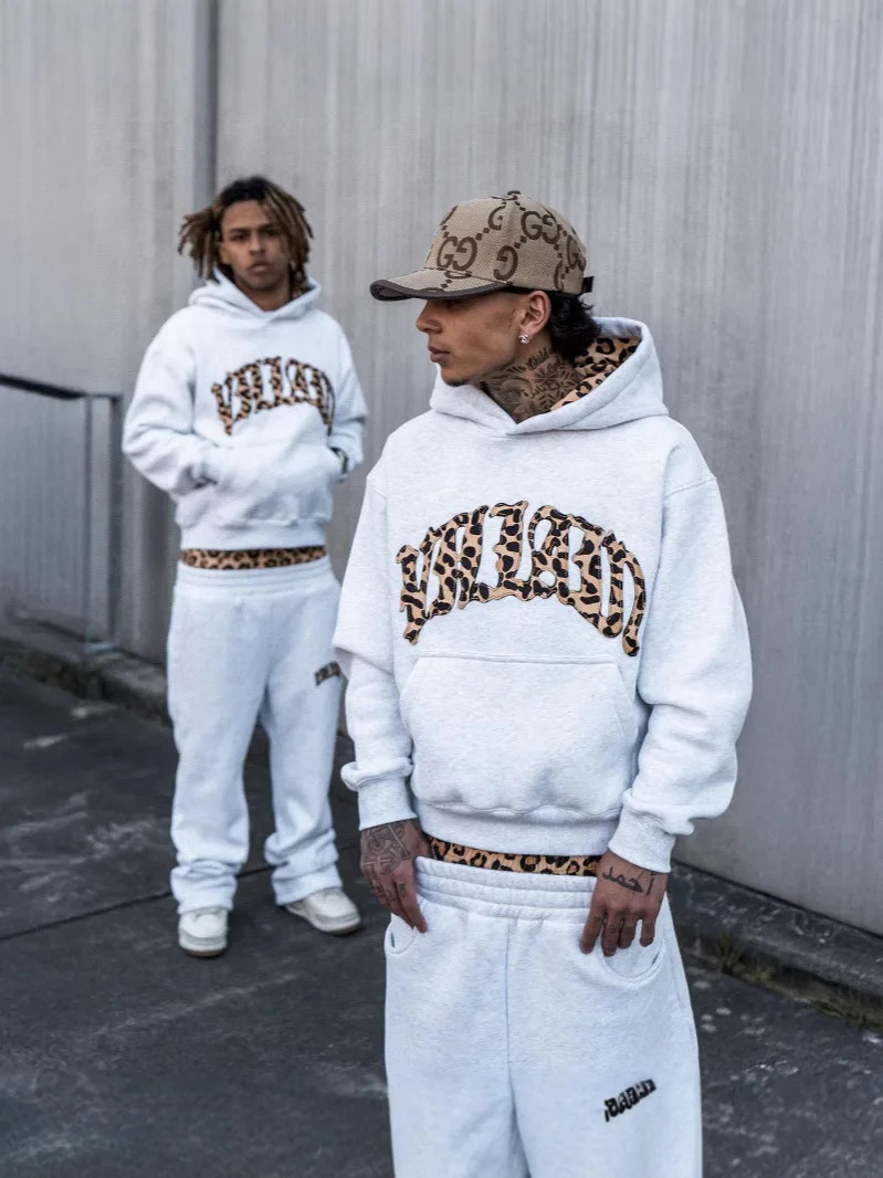 fashionable leopard print letter embroidery street casual pants mens and womens versatile hooded sweatshirt pants set Y2K 260311