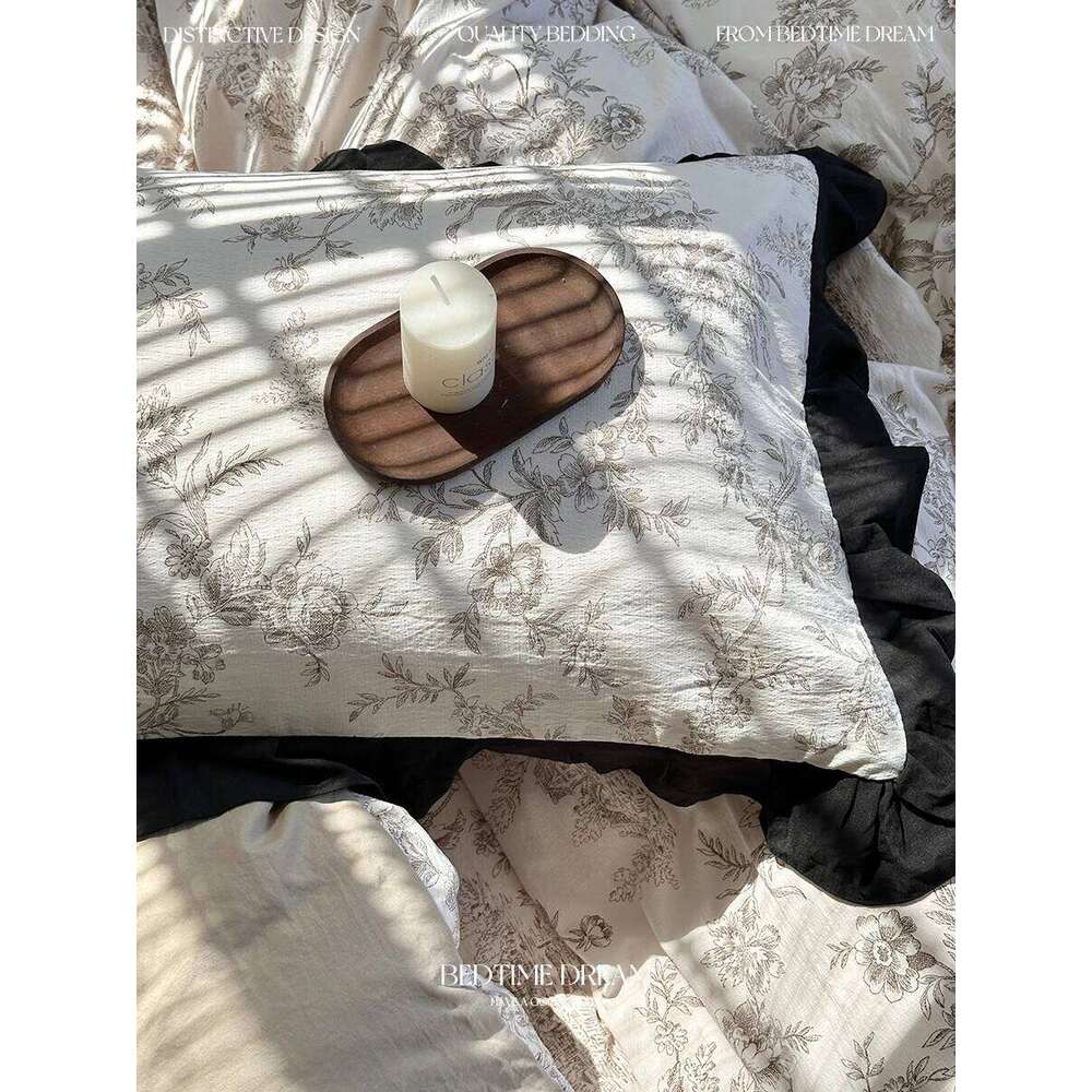 Four-piece set of pure cotton plant flower printing and dyeing French retro lace quilt cover simple universal in all seasons H260312