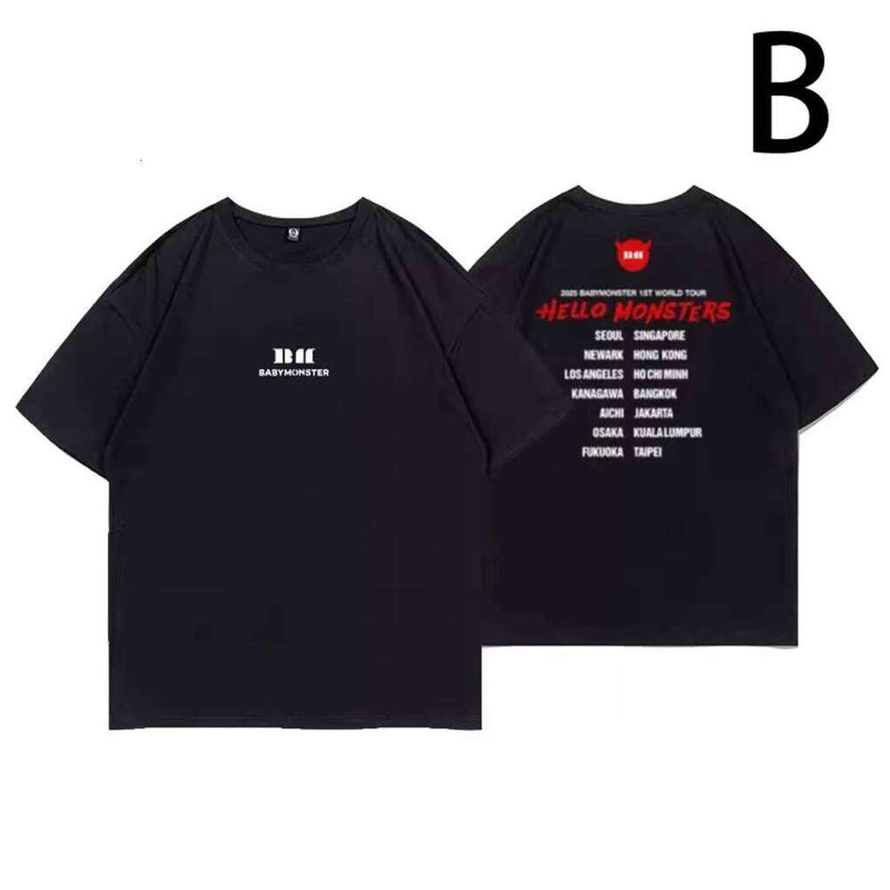 Kpop BABYMONSTER Song HELLO MONSTERS Letter Printed Cotton Top Summer Women'S Casual Harajuku O-Neck Short Sleeves Z260312