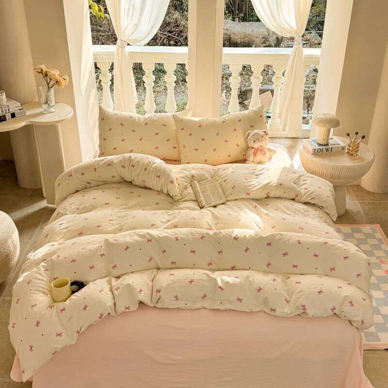 INS Cute Bow Bedding for Girls Women Soft Bed Sheet Pillowcase Single Twin Full 200x230cm Kawaii Duvet Cover Set H260312