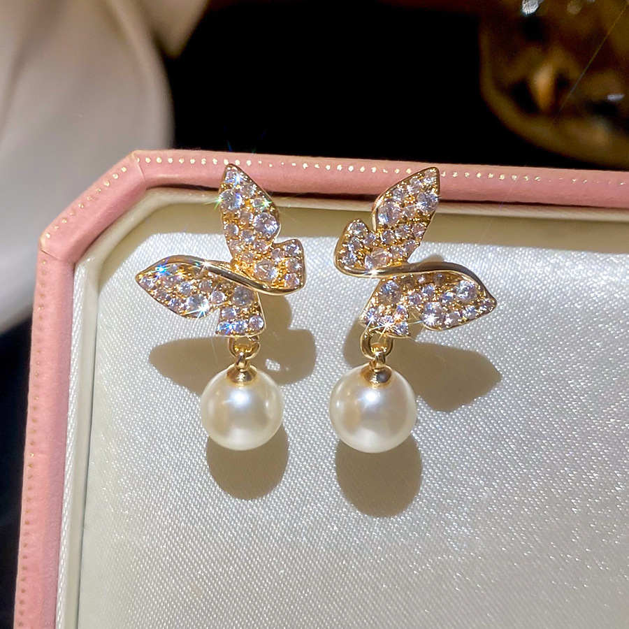18k real gold plated silver needle zircon butterfly pearl vintage fashion temperament earrings, light luxury niche earrings