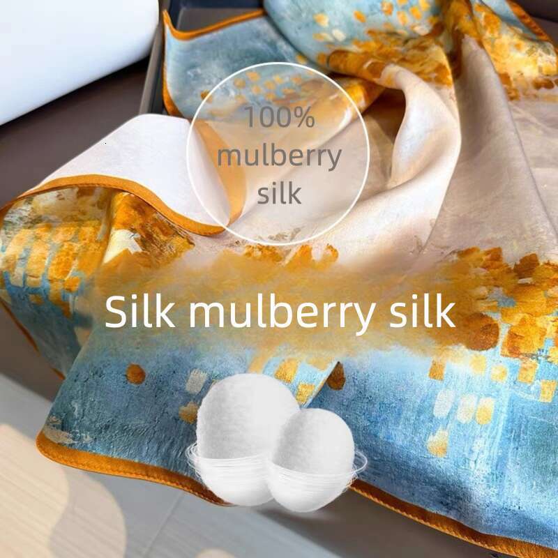 New Square For Women Korean Version Oil Painting 100% Mulberry Silk Spring And Autumn Decorative Neck Shawl Scarf Liuyuemoshang
