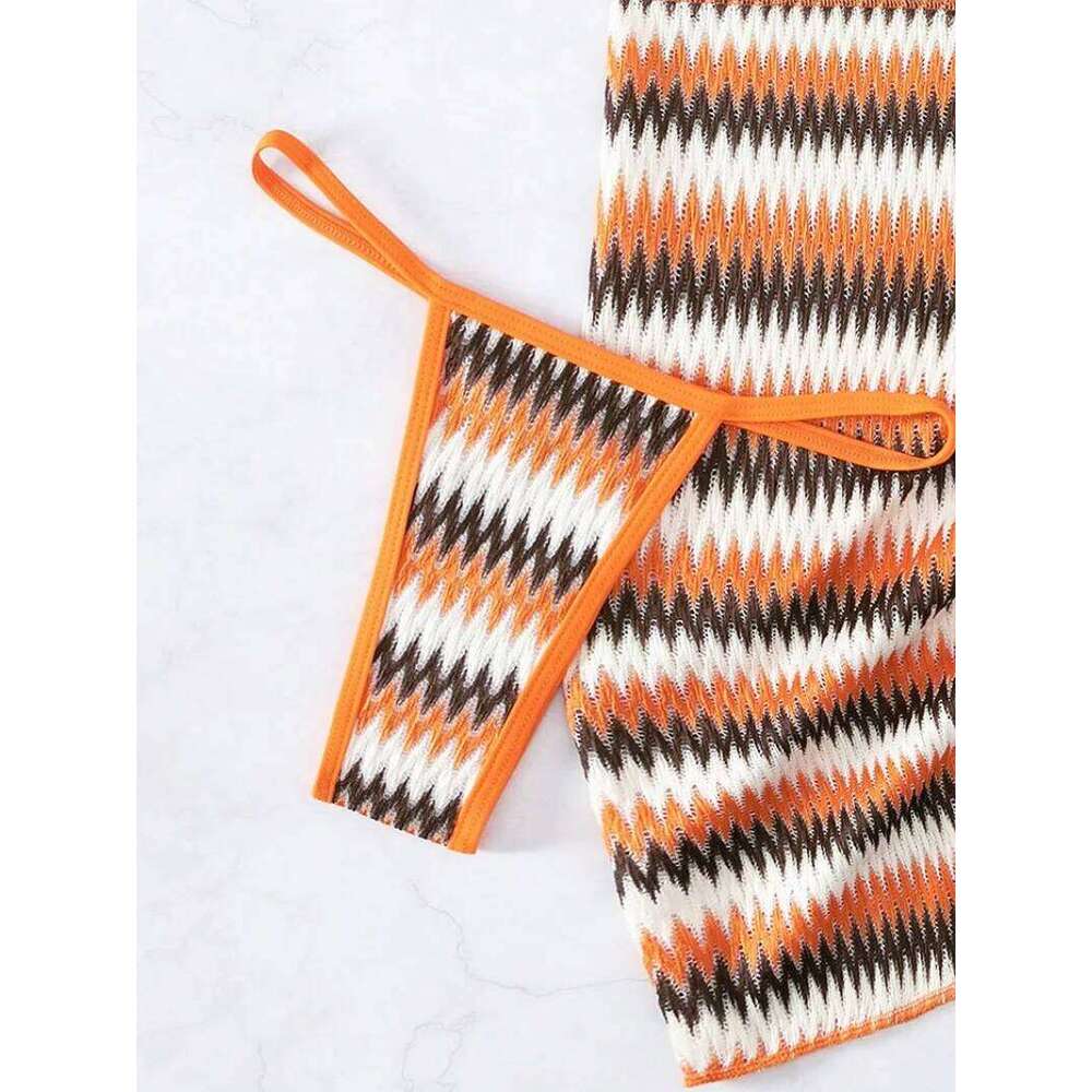 sexy orange striped micro mini bikinis sets three pieces women triangle push up bra and thong with skirt swimsuit Y260303