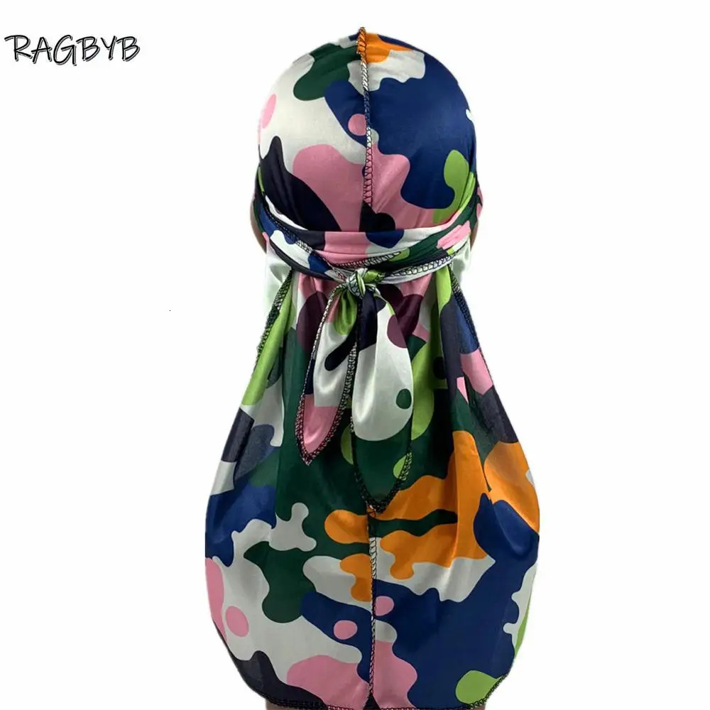 Camo Print Silk Durag Bandanas for Men Silky Durags Long Tail Wave Cap Head Scarf Women Hat Headwrap Durag 260304