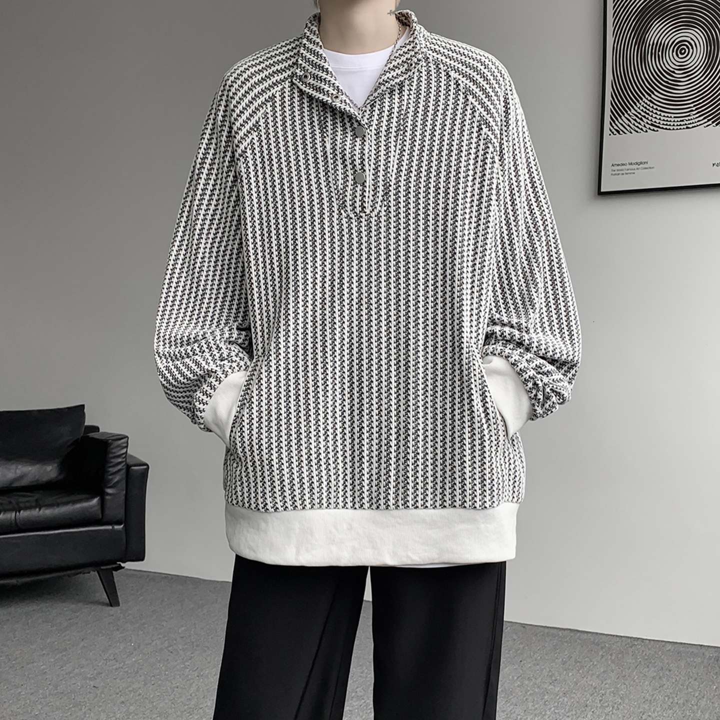 Retro Fishbone Pattern Designer Hoodie Henry Collar Long-sleeve T-shirt For Men Autumn Couple's Jacquard Sweatshirt With Polo Collar