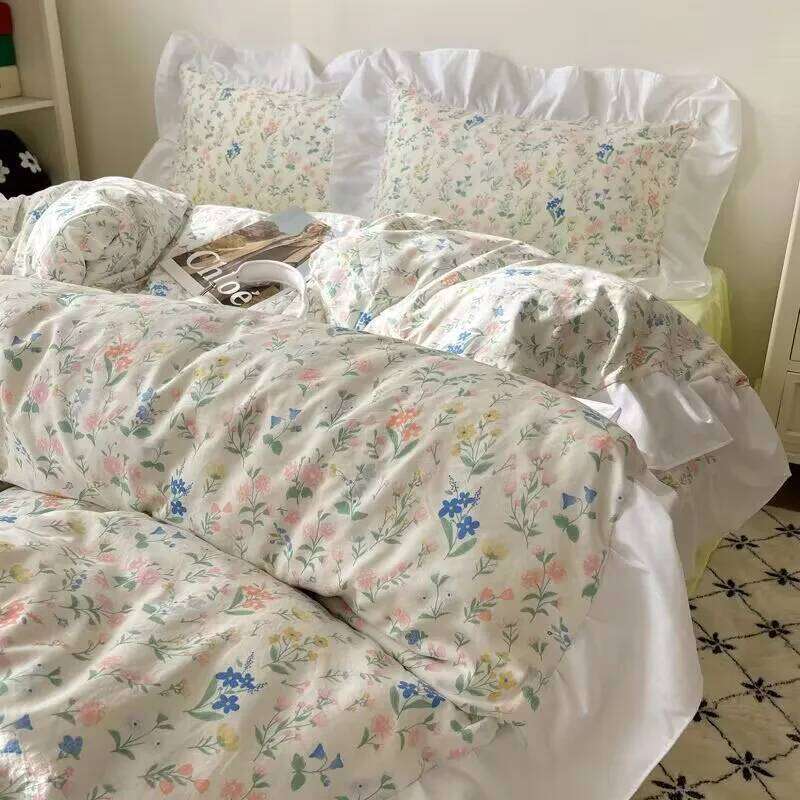 Korean Style Small Floral Washed Cotton Skirt Four-Piece Set Pastoral Lace Quilt Cover Student Dormitory Bed Sheet H260312