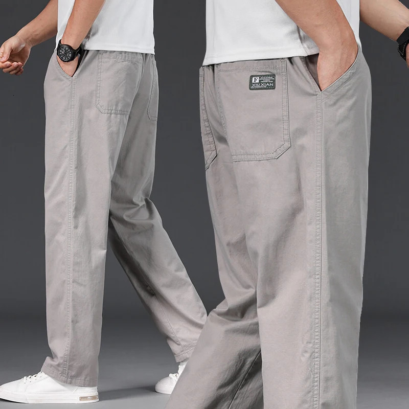 Big Size Mens Casual Pants Relaxed Fit Cotton Trousers Elastic Waist Drawstring Sweatpants Mens Jogger Pants Summer Spring 260311