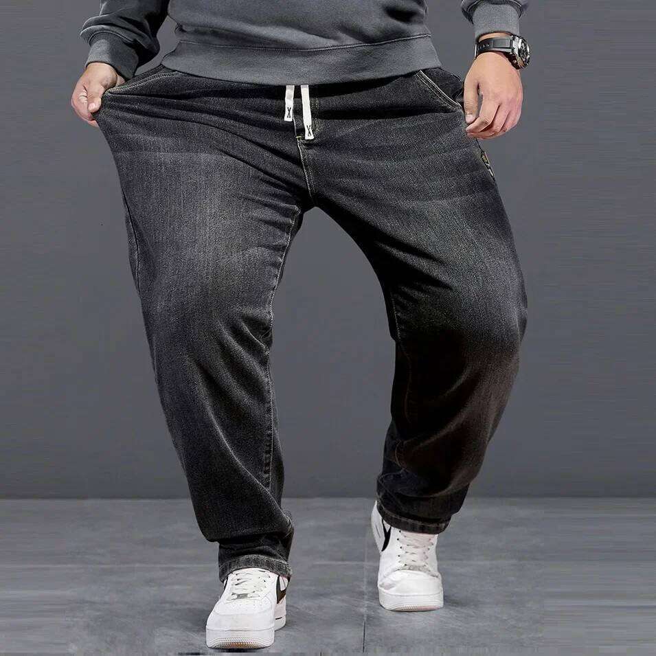 Extra Big Size Jeans Men High Elastic Waist Baggy Denim Pant Male Plus Large Loose Slim Fit Cowboy Trouser 8XL 6XL Classic Black 26Y0312