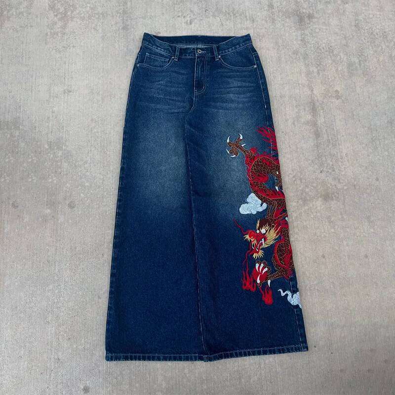 Dragon Graffiti Embroidery Dark Blue Loose Wide Leg Distressed Jeans Y2K High Waist Men Women Vintage Casual Daily Streetwear 26Y0312