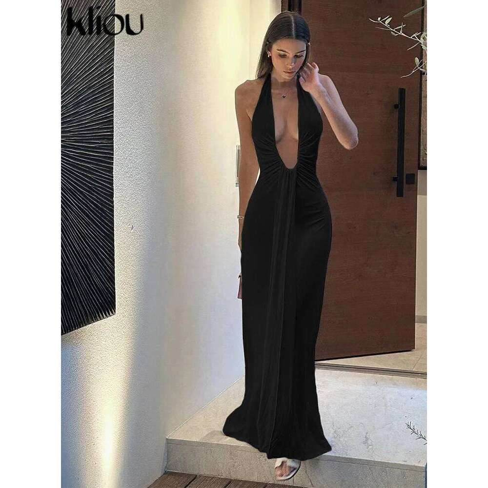 kliou Halter Shirring Women Maxi Dress Classic Solid Low Neck Backless Elegant Simple Robe Female High Street Vacation Vestidos C260312