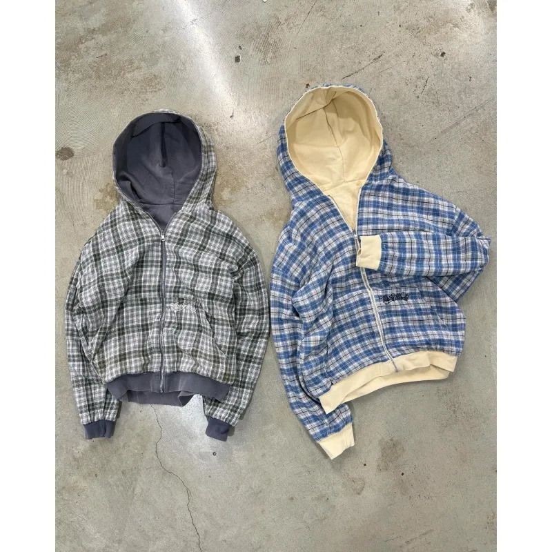 Spring and Autumn American Trendy Double sided Stand up Hoodie cardigan casual workwear plaid jacket 260311