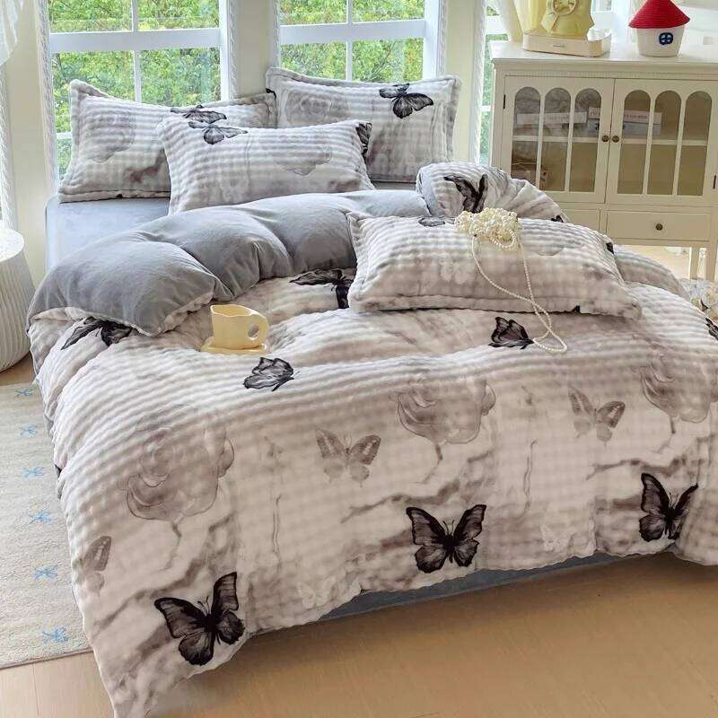 2025 New Printed Class A Rabbit Milk Plush Four-piece Winter Thickened Warm Sheet Student Dormitory Bed Kit H260312