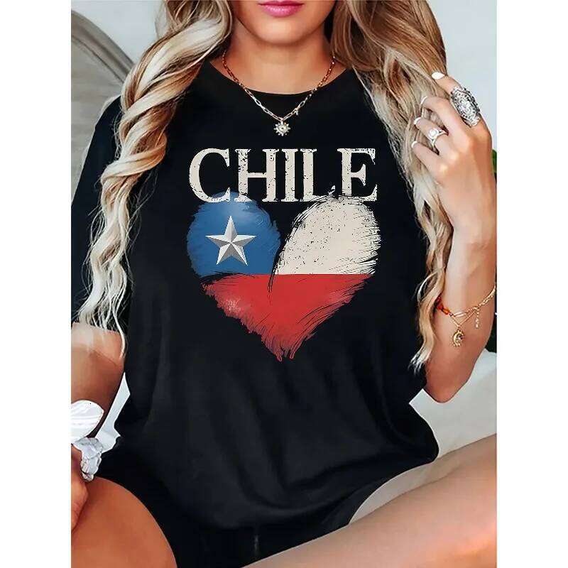 Chilean Flag Heart-shaped Printed Women's T-shirt Casual All Season Comfortable Round Neck Short Sleeved Patriotic Summer Top Z260312