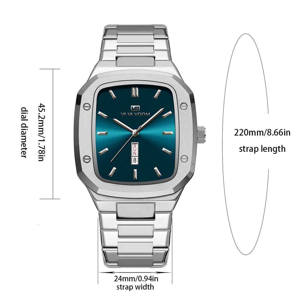 VA VOOM Brand Men Stainless Steel Original Square Style Blue Gold Dual Calendar Quartz Movement Business Watch