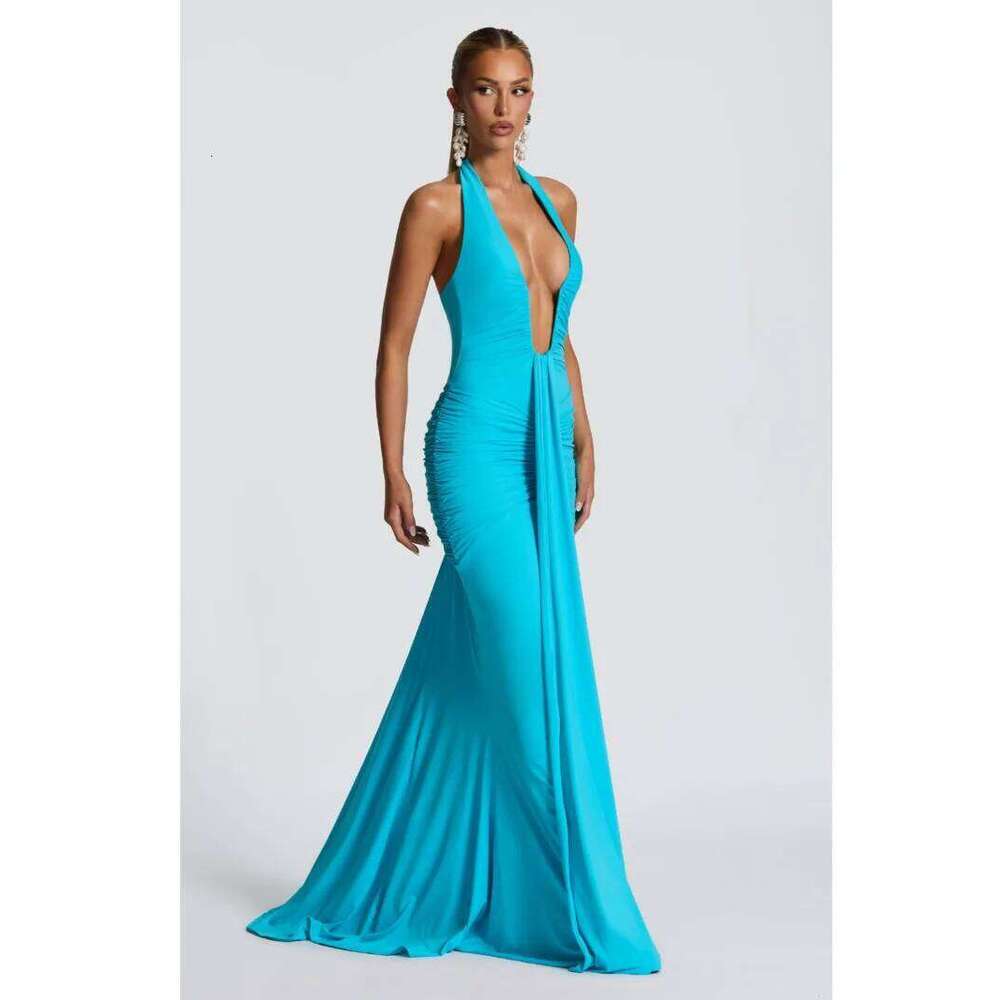 Deep V Neck Draped Ruched Sexy Maxi Women Summer Fashion Halter Sleeveless Backless Club Party Long Dress Elegant BM98 C260312