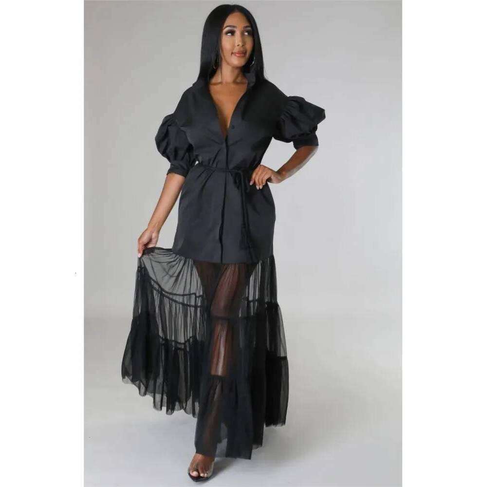 Fashionable White Short Sleeve Dresses For Women'S Summer New Elegant Lace-up Pocket Lace Shirt Long Dress Female C260312