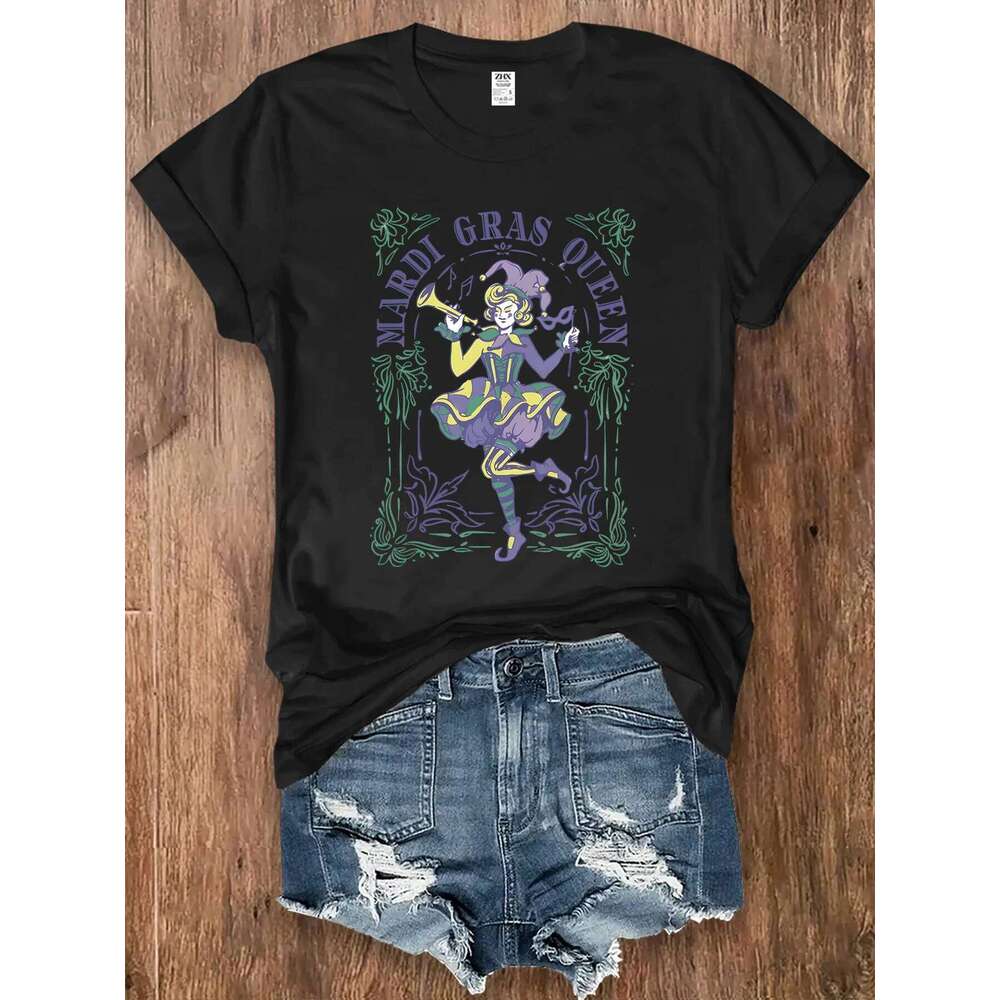 Women's Mardi Gras Queen Short Sleeve Tee Shirt Carnival Jester Poker Art Print Outings Party Holiday Gifts 2 Color Festival Top Z260312
