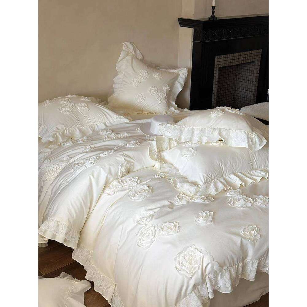 4Pcs French Princess Style 100% Cotton Solid Color Three-dimensional Rose Lace Bedding Duvet Cover 200x230 220x240 Four Seasons H260312