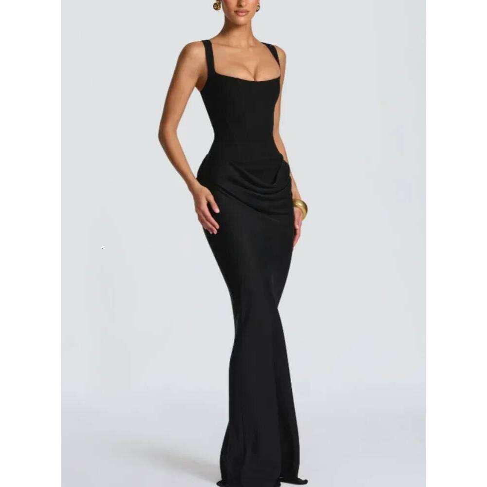 Solid Pleated Sling Dress Square Neck Sleeveless Off-shoulder Waist Cinching Slim Women Dresses Fashion Evening Party Gown 2025 C260311