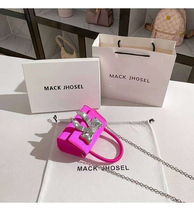 Luxury Satin Square Women's Handbag Glitter Diamonds Metal Bow Knot Evening Wedding Party Clutch Purse Crossbody Bag