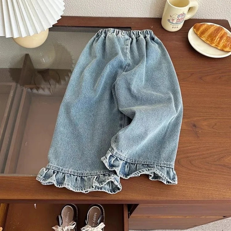 Kids Jeans Girls Spring Autumn Children Fashion Casual Wideleg Pants Ruffled Trousers Princess Sweet and Lovely 260311