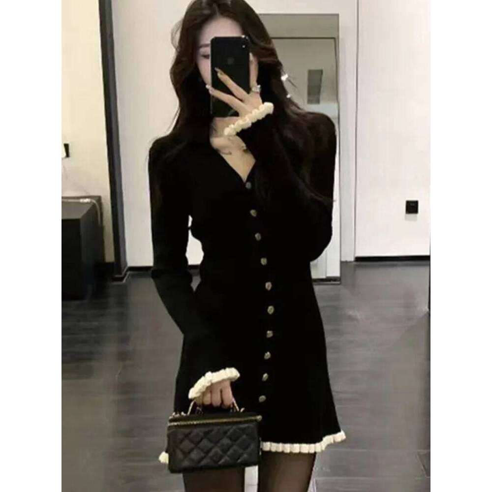 Women Knit Mini Dress Black Polo V Neck Button Cream Ruffle Long Sleeve Elegant Slim Fit 2026 Lady Spring Robe Daily Commute C260312