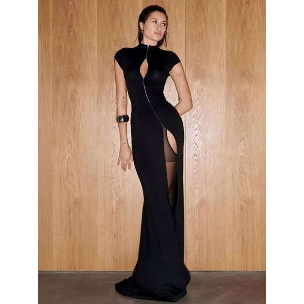 Chic Black Hollow Out Slit Dress Women Fashion Short Sleeve Solid High Neck Slim Fit Maxi Dresses Lady Evening Party Club Robe C260312