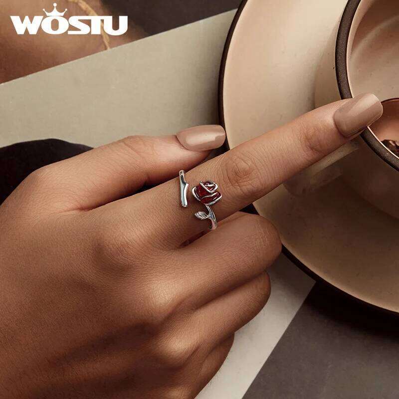 WOSTU Real 925 Sterling Silver Red Rose Opening Ring For Women Valentine Gift Flower Stud Earrings Fine Wedding Jewelry Set H260312