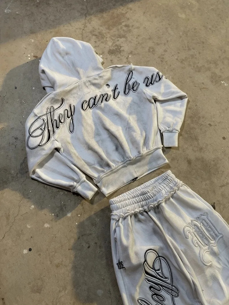 Y2K Letter Embroidery Loose Couple Sportswear Suit European and American High Street Trendy Zipper Hoodie Sweatpants Men 260311