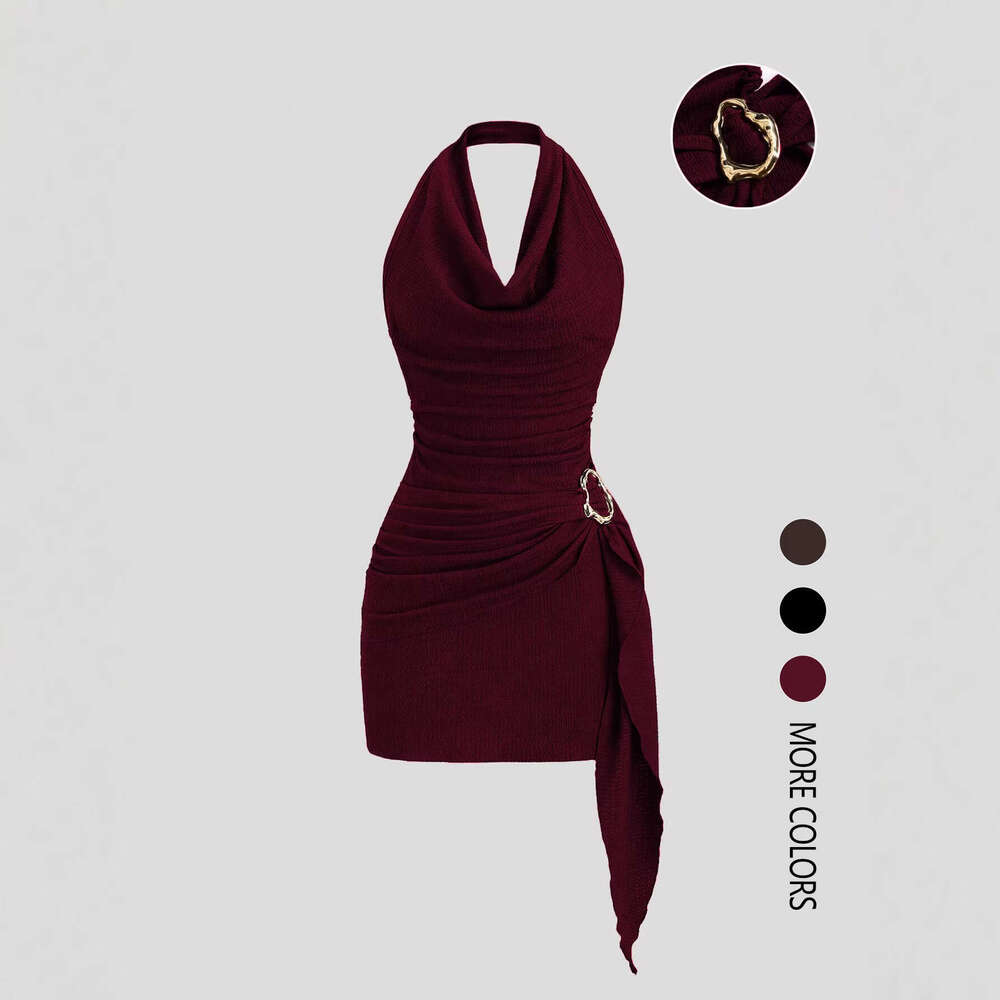 European and American cross-border women's fashion solid color V-neck halter neck backless dress