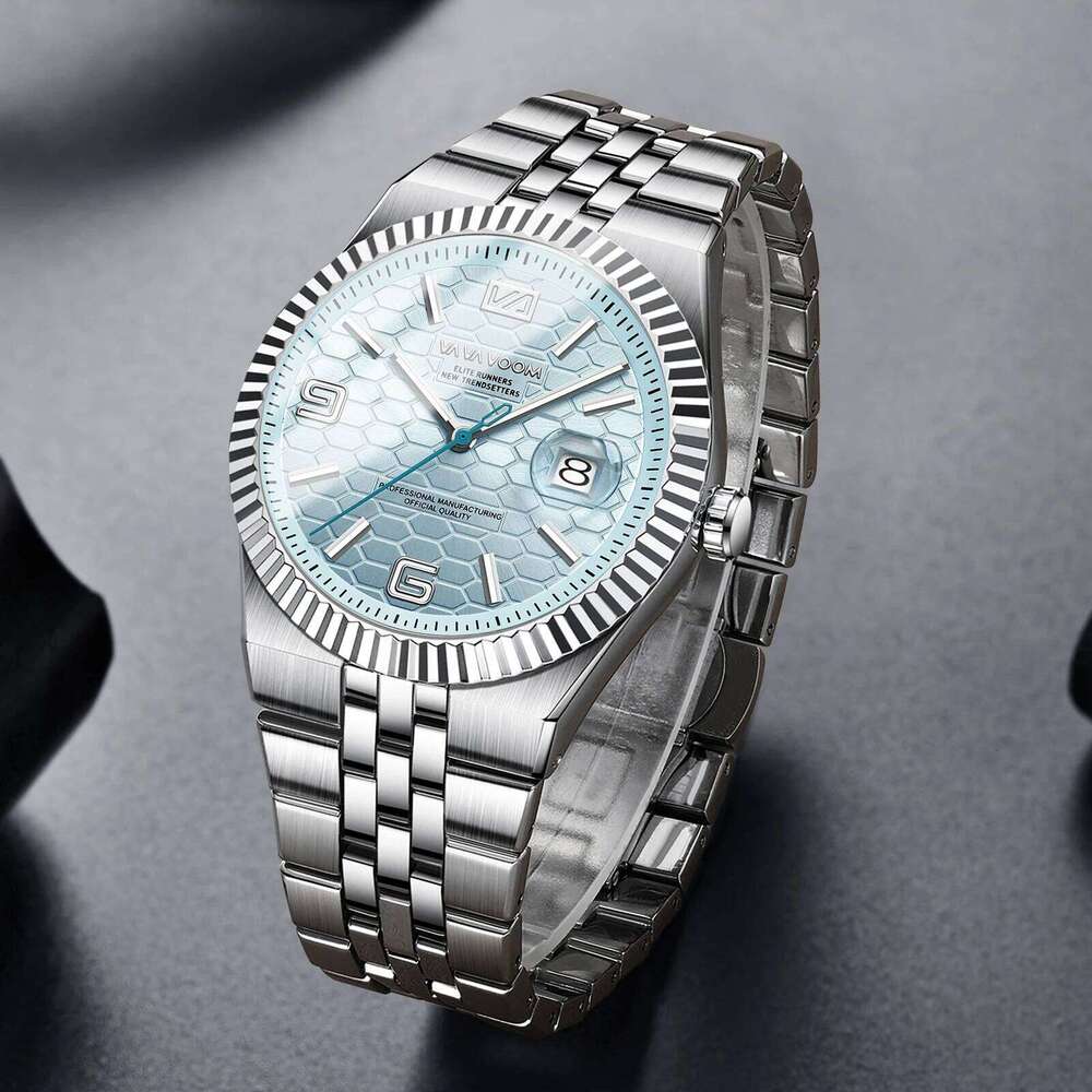 Watch for Men Stainless Steel Business Style 40mm Quartz Movement 3Bar Waterproof Clock Fashion Honeycomb Calendar Wristwatches