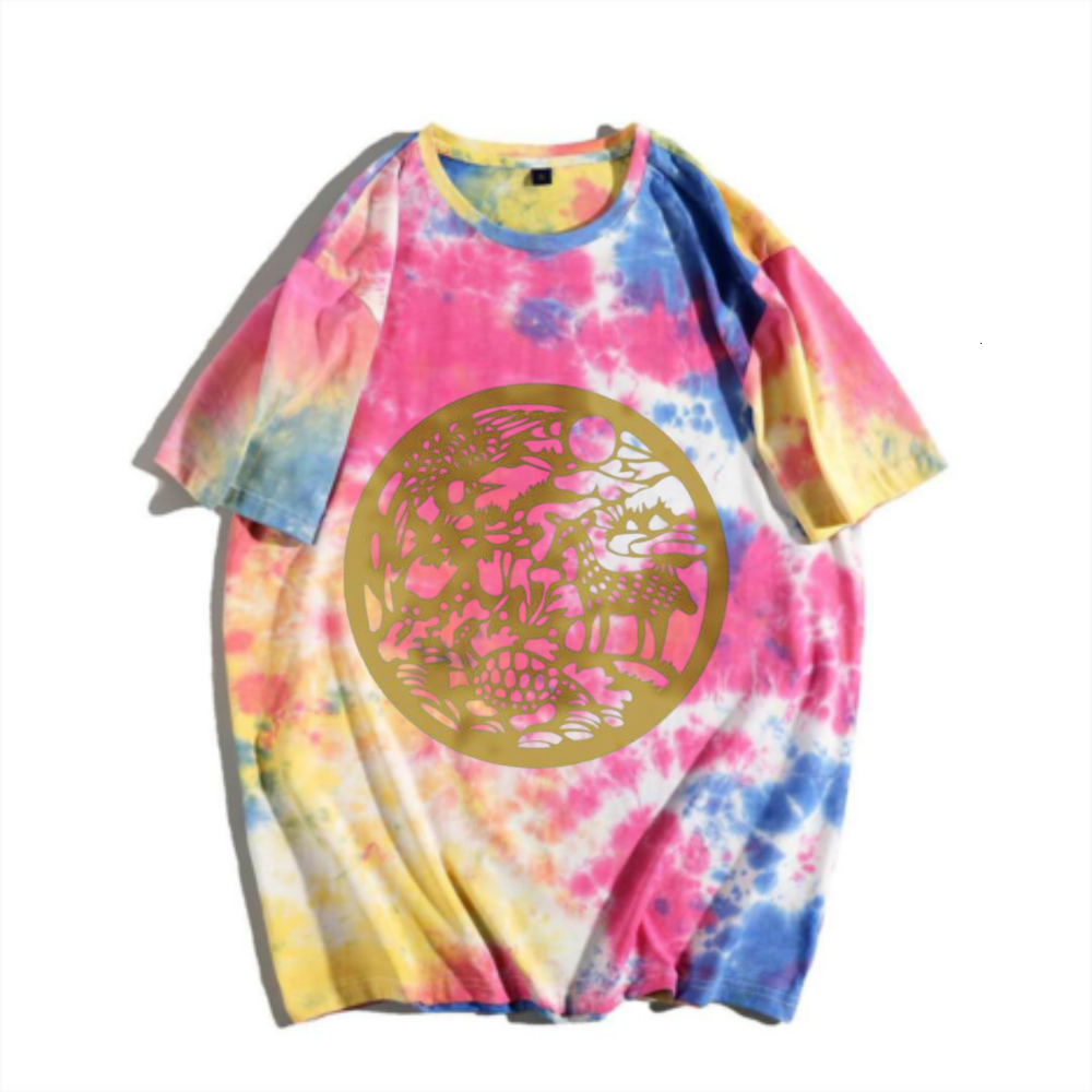 China Chic new Chinese auspicious animal Chengxiang tie dyed short sleeved T-shirt rainbow gradient intangible cultural heritage Paper Cuttings patter