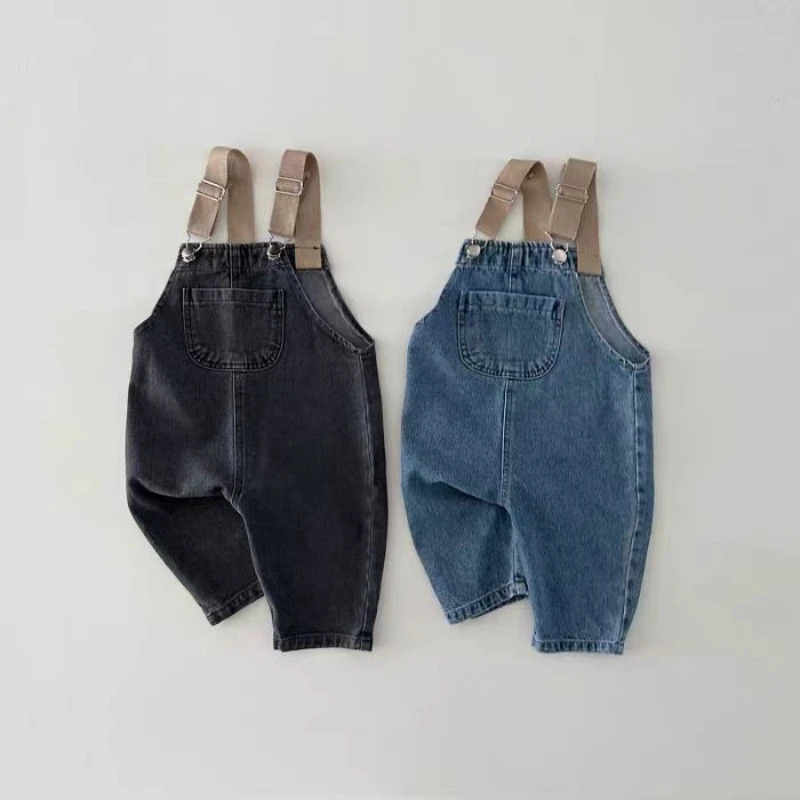 HY230201 Korean Style Color Block Baby Overalls Boys Girls Spring Autumn Denim Pants Pure Versatile Unisex Rompers 260311