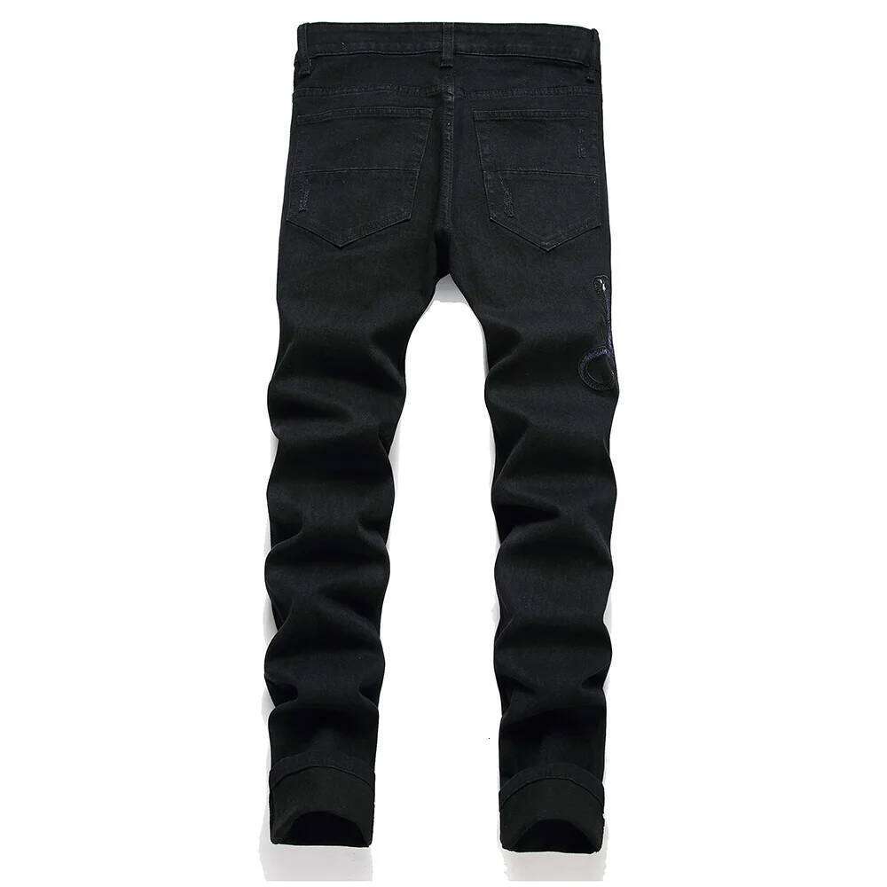 Men Snake Embroidery Jeans Streetwear Black Stretch Denim Pants Holes Ripped Distressed Slim Straight Trousers 26Y0312