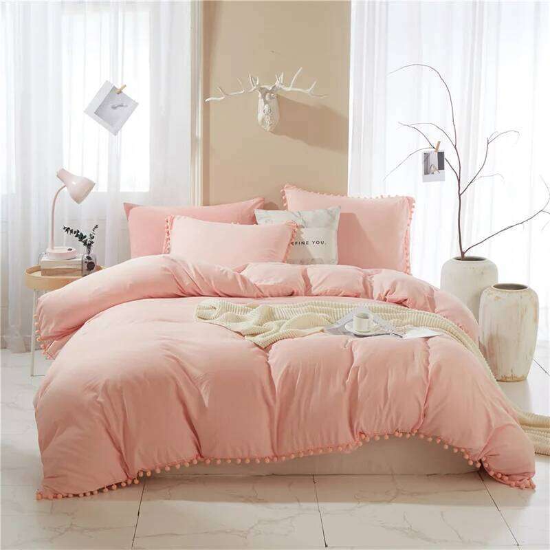 Solid color wash ball tassel Duvet deluxe extra large bedding double bed full set quilt cover H260312