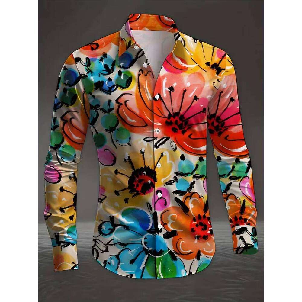 New men's 3D animal printed with casual long sleeves and flower button design, fashionable shirt top