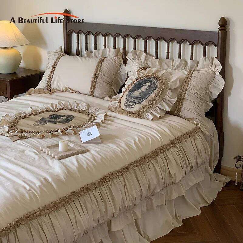 Lace Ruffles Patchwork Vintage French Bedding Set, 100% Cotton, Duvet Cover, Bed Sheet, Pillowcases, Queen, King, 4Pcs H260312