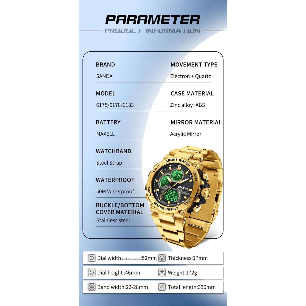 SANDA New 6175 Fashionable Sports Waterproof Dual Screen Multifunctional Men's Electronic Watch 2025