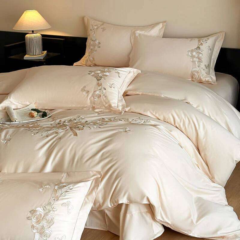 100% Cotton Rose Flowers Embroidery Bedding Queen King Size Duvet Cover Set Flat/Fitted Bed Sheet Pillowcases 4Pcs H260312