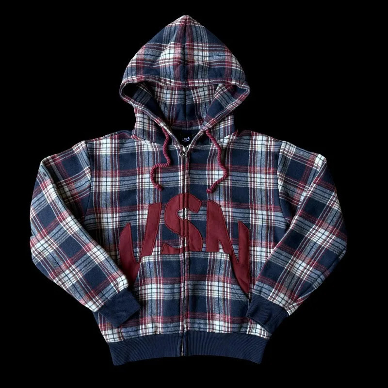 American retro fashion plaid embroidered hooded sweatshirt for men and women loose casual zipper cardigan on the street 260311