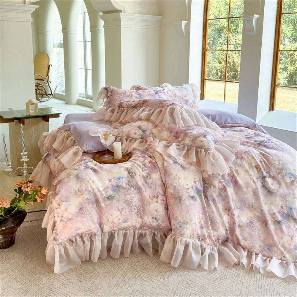 Pink Flower Bedding Soft Bedroom Decor Comforter Ruffles Duvet Cover Pillowcase Bed Sheet Home Four Pieces Set H260312