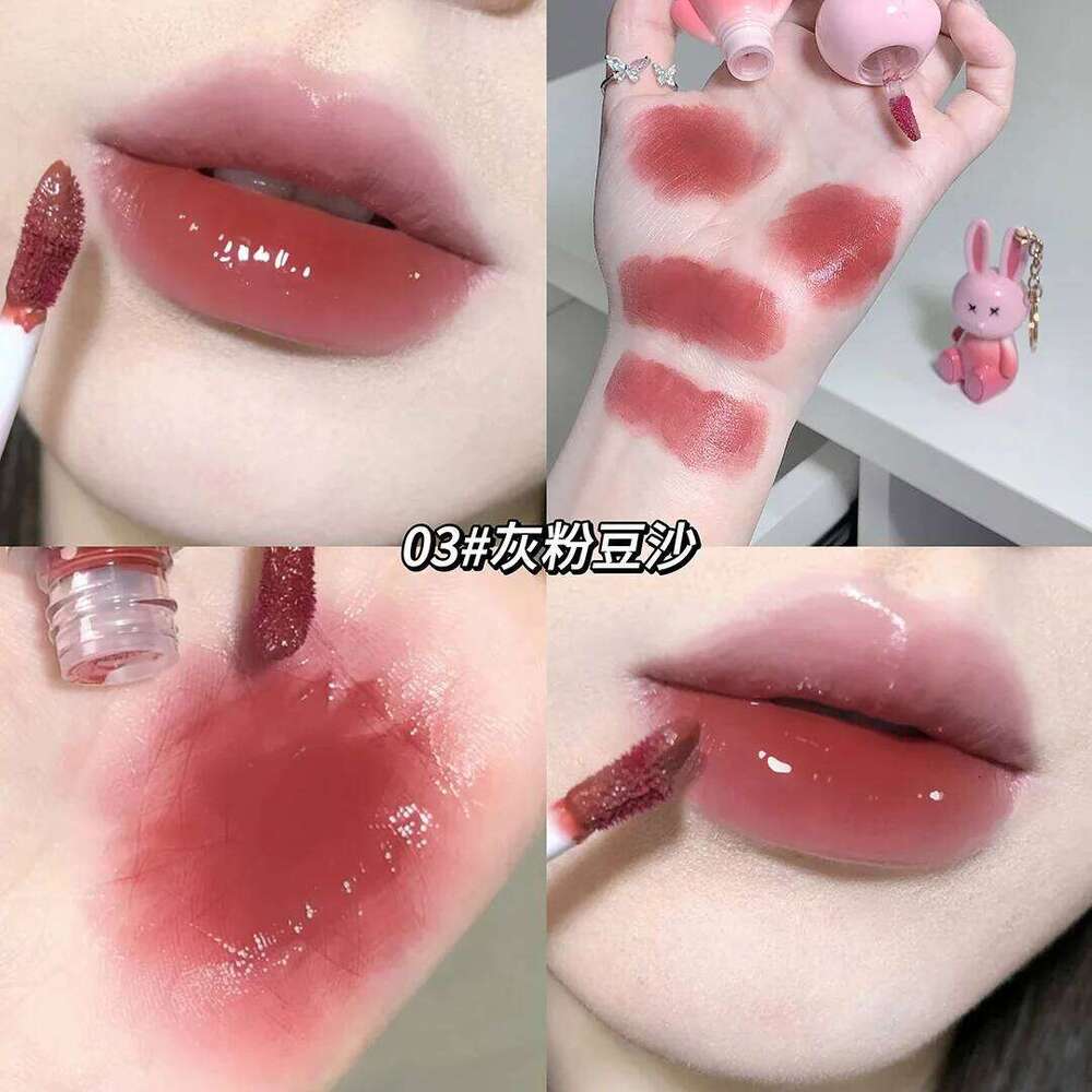 Cute Rabbit Mirror Keychain Lipstick Waterproof Gloss Long Lasting Non-stick Cup Women Lip Glaze Cosmetic 6 Colors W260311