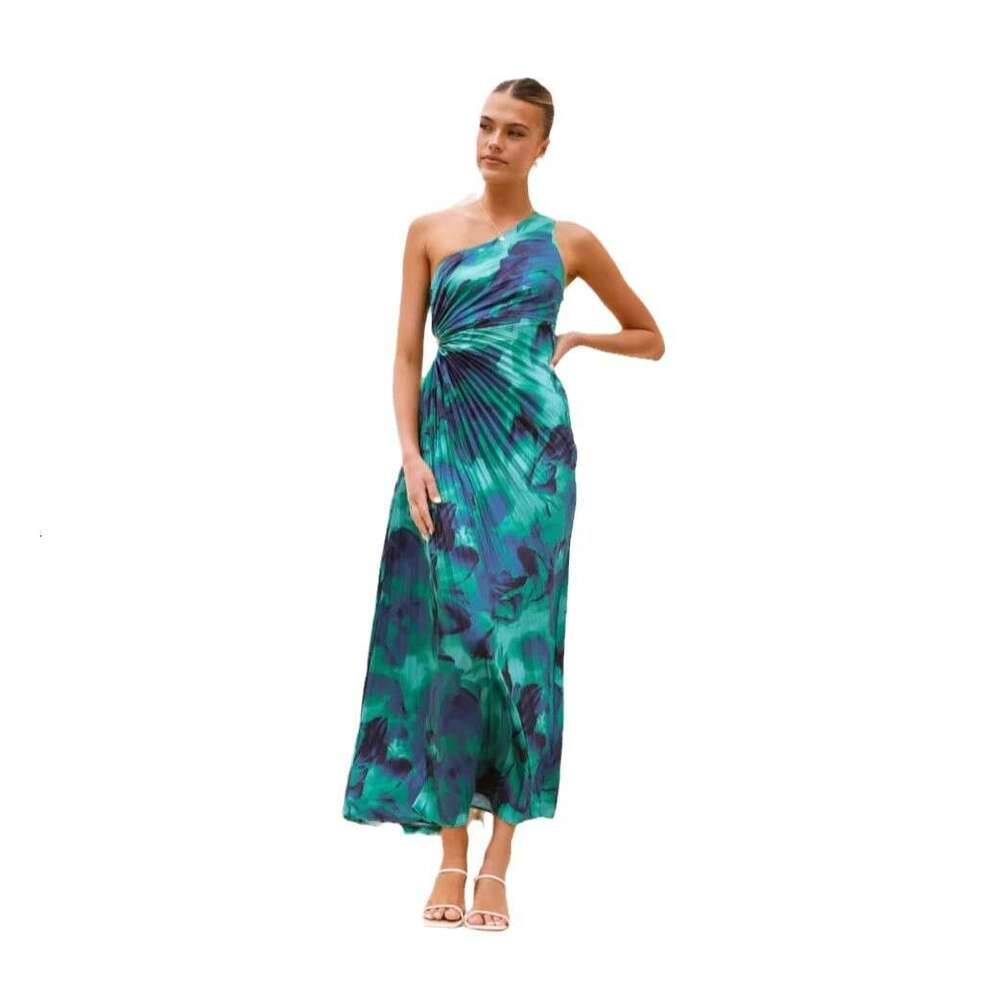 In stock, 2025 European and American style cross-border new sexy one-shoulder sleeveless printed pleated dress