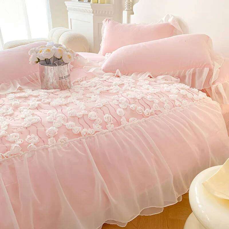 Pink with for Girls Princess Style Duvet Cover Sets Lace Flower Sheet Single/Queen/King Bedding Bed Set H260312