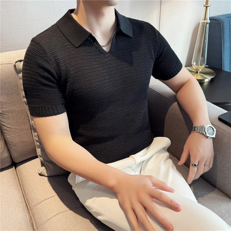 Men Knitted Polo Shirt Short Sleeved Summer Light Thin Hollow Solid Casual Top Elastic Slim Fit V-neck T-shirt Men Clothing 260311