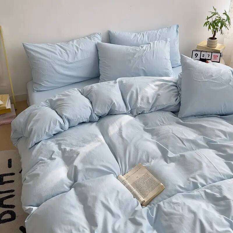 INS Korean Style Fresh Blue Duvet Cover Washed Cotton Sheet Bed Skirt Four-Piece Set Dormitory Simple Solid Color H260312