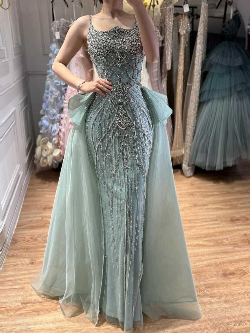 Charming Mermaid Prom Dress Spaghetti Strap Crystal Beaded Evening Dresses Luxury Detachable Sweep Train Party Gowns Customized