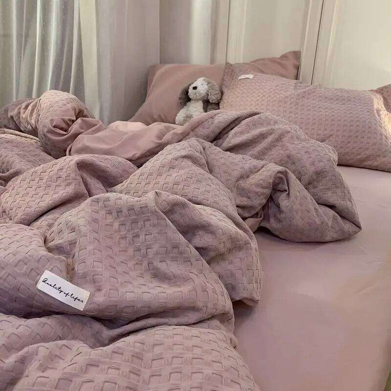 Bedding Set High Grade Light Washable Cotton Waffle Four Olive Green Quilt Cover Bed Sheet Dormitory Three Piece H260312