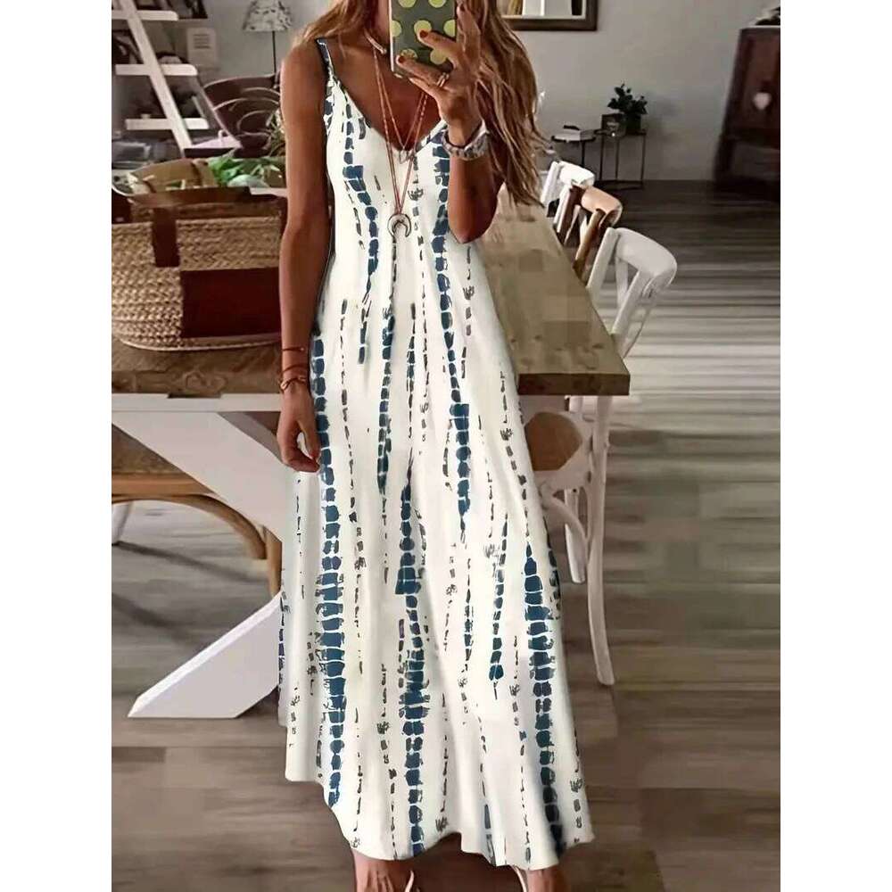 Women's Casual Loose V-neck Tie Dye Printed Spaghetti Maxi Summer Beach Vacation Long Dress C260312
